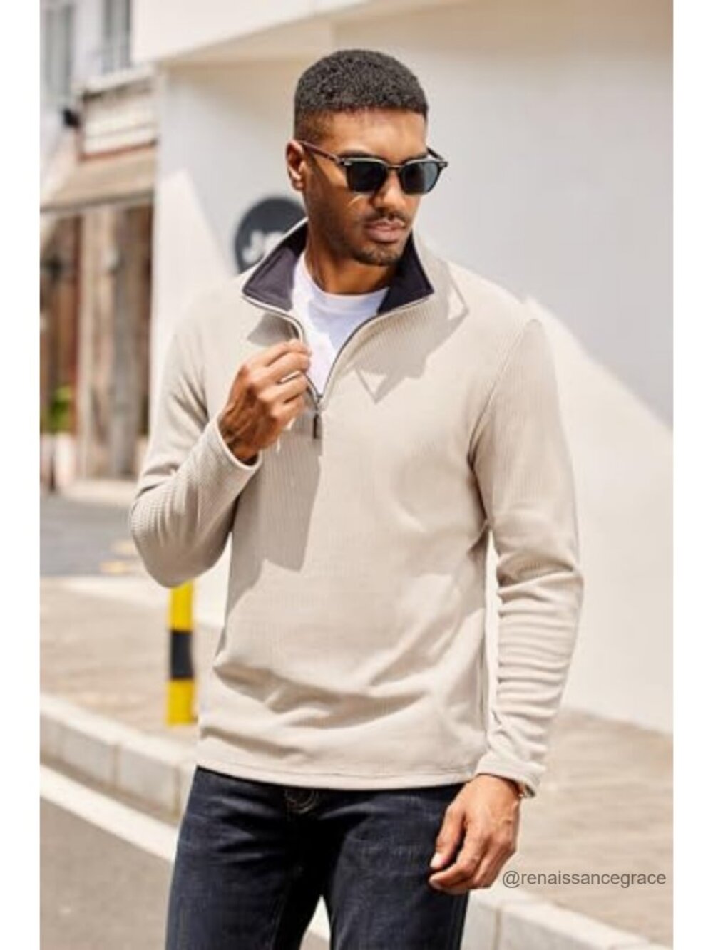 Mens Quarter Zip Corduroy Pullover Sweatshirt Contrast Collar Slim Fit